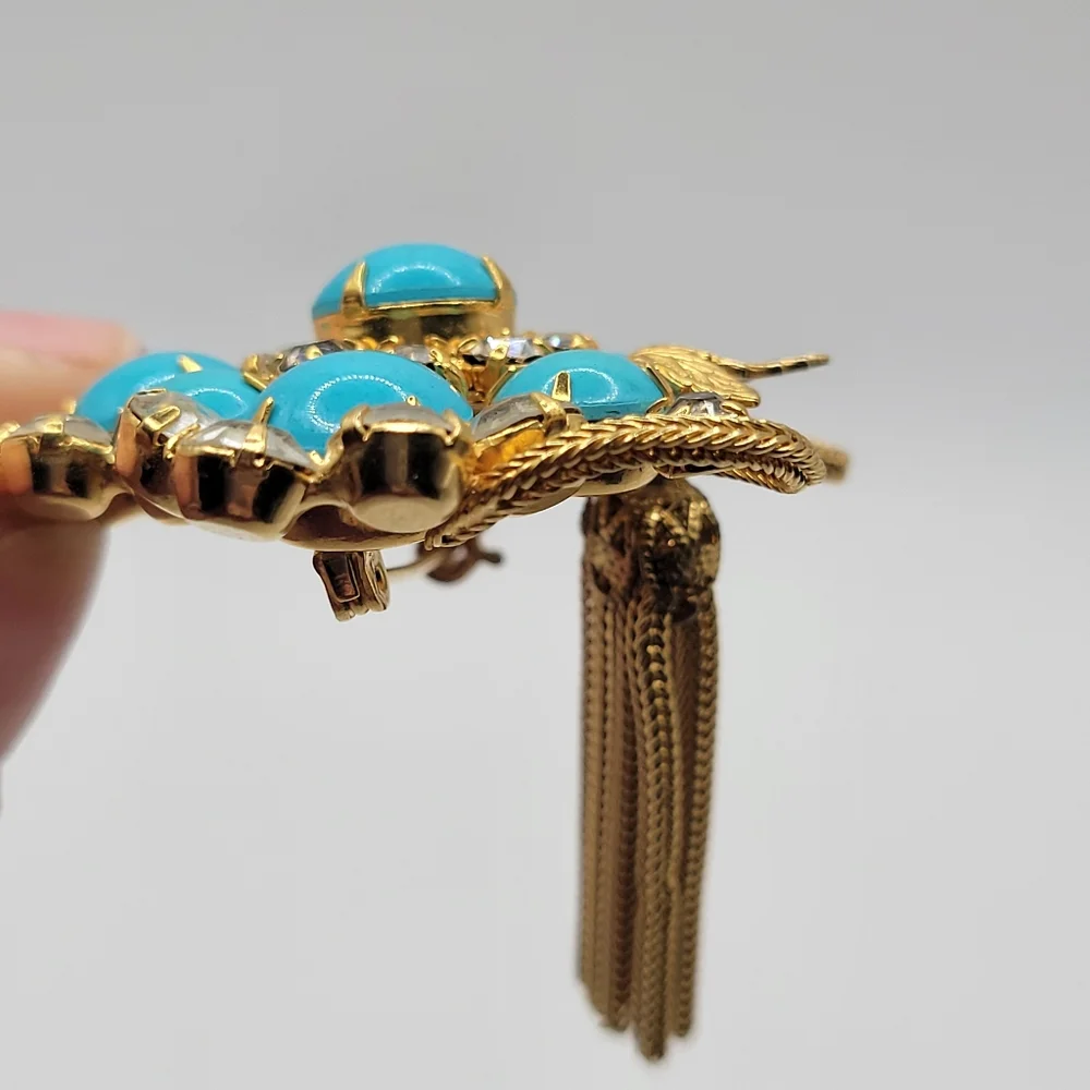 VTG Faux Turquoise & Clear Rhinestones Tassel Brooch | Juliana? Schreiner? - Picture 3 of 10
